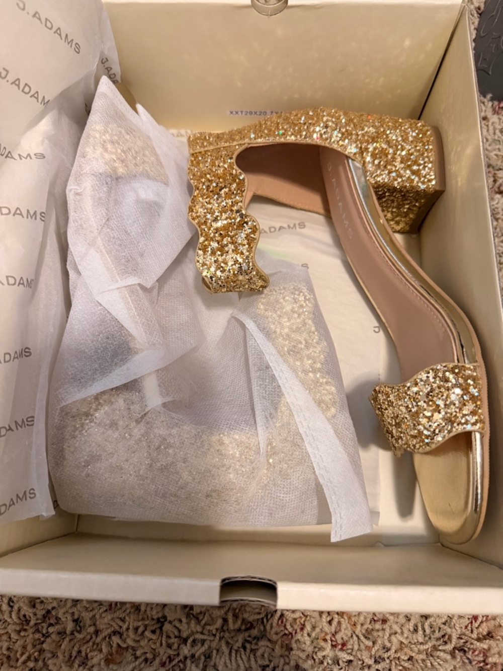 J. Adams Gold Glitter Scalloped Block Heel Sandals